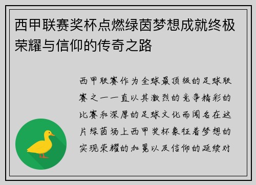 西甲联赛奖杯点燃绿茵梦想成就终极荣耀与信仰的传奇之路