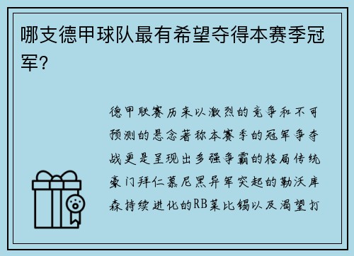 哪支德甲球队最有希望夺得本赛季冠军？