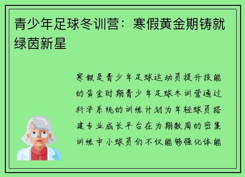 青少年足球冬训营：寒假黄金期铸就绿茵新星
